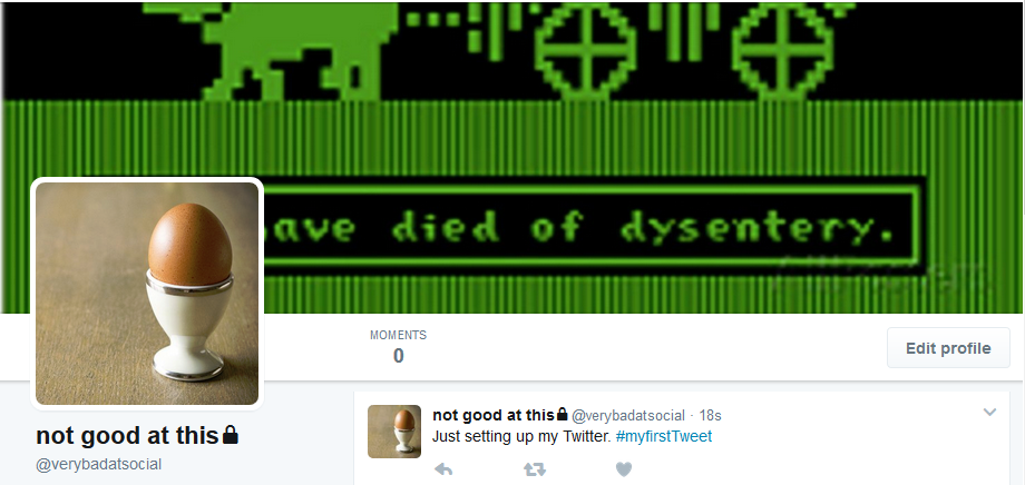 Twitter profile header is a screenshot from Oregon Trail saying "you have died of dysentery" but the wording is obscured by the placement of the Twitter profile picture, which is an egg